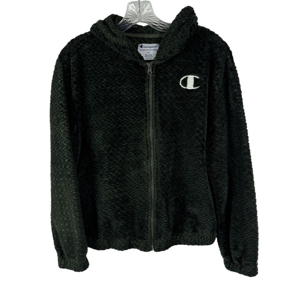 Champion Fleece Herringbone Pattern Full Zip Hooded Jacket Size Medium Green